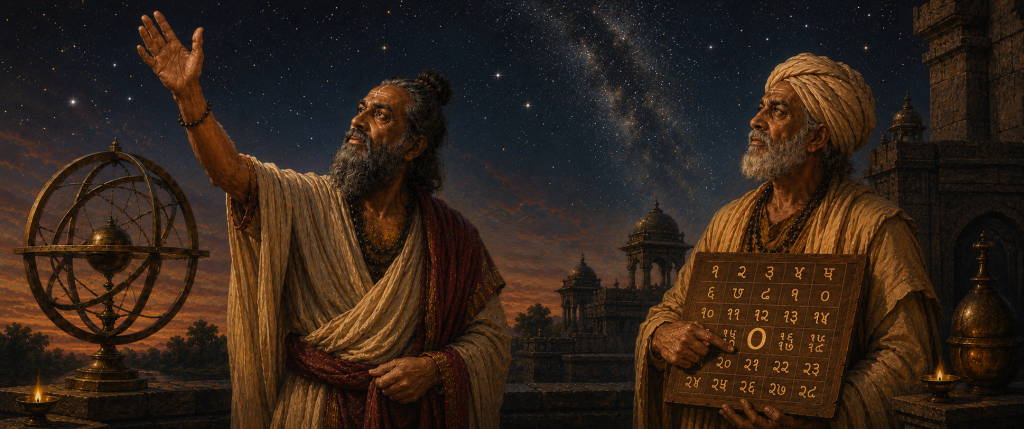 Two ancient Indian astronomer-mathematicians study the night sky beside an armillary sphere, while one scholar holds a numerical tablet featuring Devanagari numerals and the symbol zero (०).