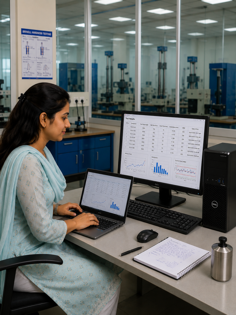 engineer analyzing material testing results testwin software laptop desktop laboratory Engineer using a laptop and desktop computer to analyze material testing results with TESTWIN software in a modern laboratory.