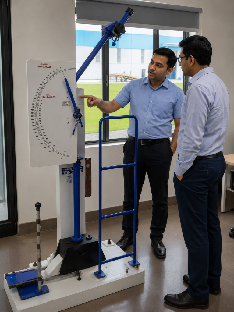 fsa impact testing machine customer technical consultation testwin FSA Charpy and Izod Impact Testing Machine explained by a technical engineer to a customer during an on-site consultation in an industrial quality control laboratory.