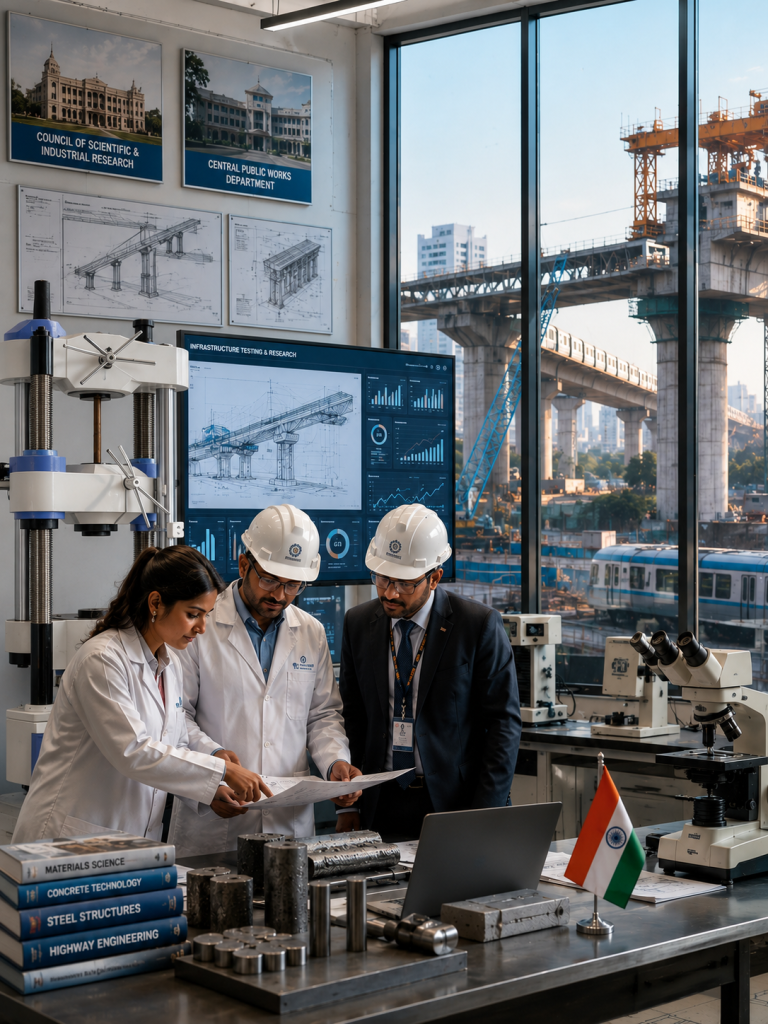 Engineers evaluating infrastructure quality control benchmarks next to materials testing equipment, highlighting research partnerships.