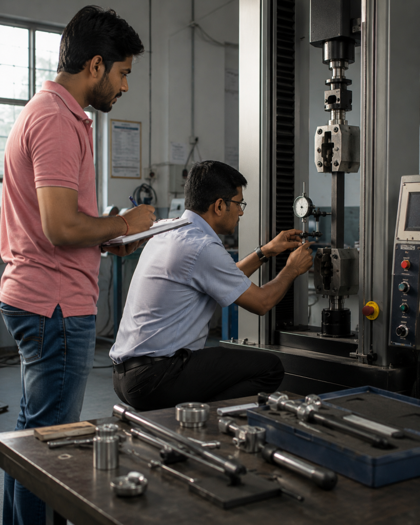 on site calibration physical testing machine technicians Two engineers performing on-site calibration and inspection of a physical testing machine using precision measuring instruments in an industrial laboratory.