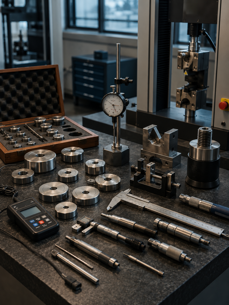 physical testing machine calibration tools laboratory Precision calibration tools for physical testing machines arranged on a laboratory workbench for accurate equipment calibration and inspection.