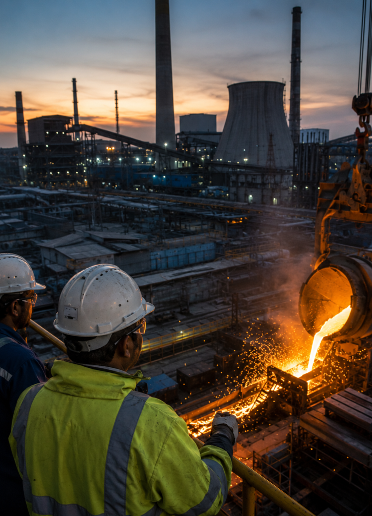 Engineers monitoring molten steel pouring in a metallurgy plant, representing heavy industry physical testing and quality control.