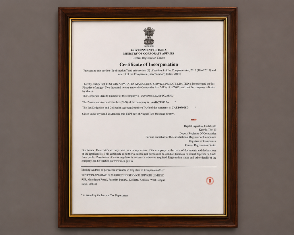 testwin certificate of incorporation ministry of corporate affairs india 2020. Certificate of Incorporation issued by the Ministry of Corporate Affairs, Government of India, confirming the incorporation of Testwin Apparatus Marketing Service Private Limited on 1 August 2020.