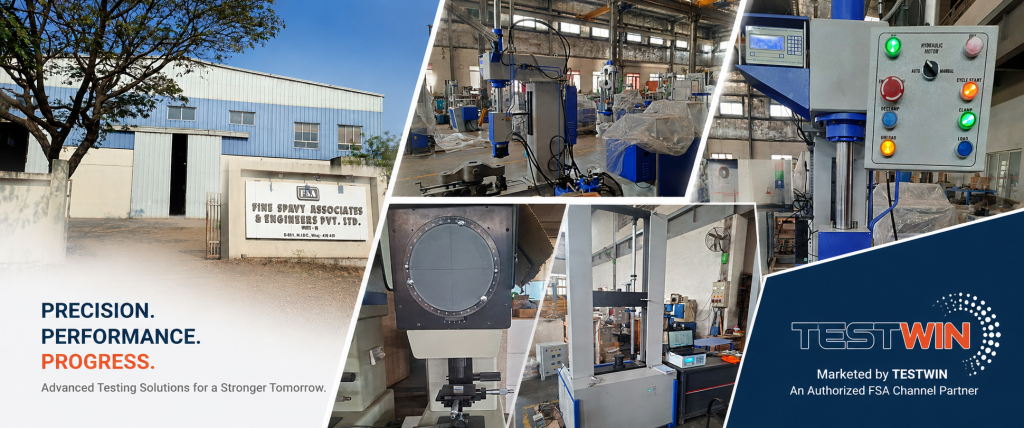 Collage showing the Fine Spavy Associates facility alongside industrial physical testing machines, optical projectors, and control panels, marketed by Testwin.