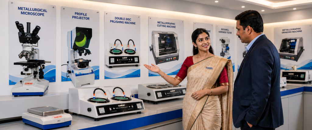 Testwin technical consultant demonstrating material testing and metallurgical laboratory equipment to a customer in a modern product showroom.