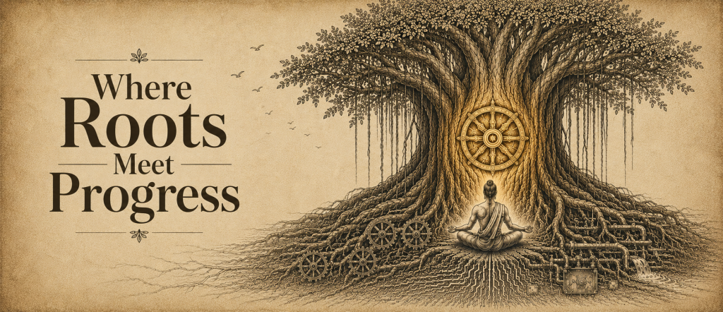 testwin where roots meet progress engineering philosophy.png Ancient banyan tree with the Dharmachakra and roots transforming into gears and circuits, symbolizing Testwin's engineering philosophy of integrity, innovation, and precision in material testing.