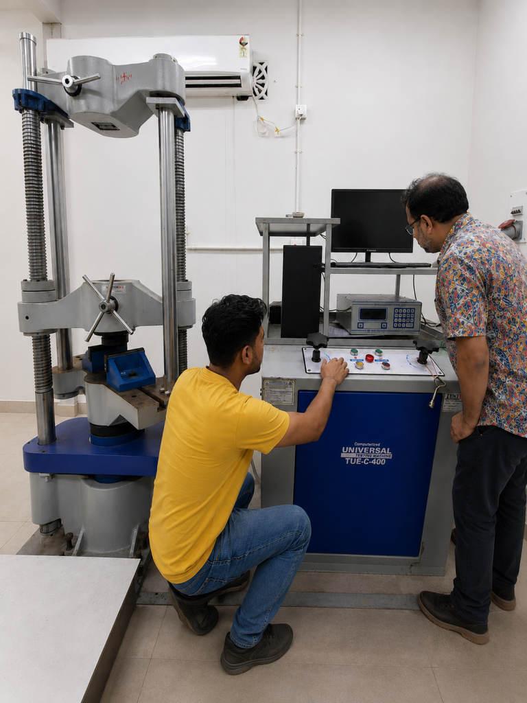 universal testing machine calibration by fsa engineers testwin Two engineers performing inspection and calibration of an FSA Computerized Universal Testing Machine (TUE-C-400) in a laboratory while preserving the machine's original configuration.