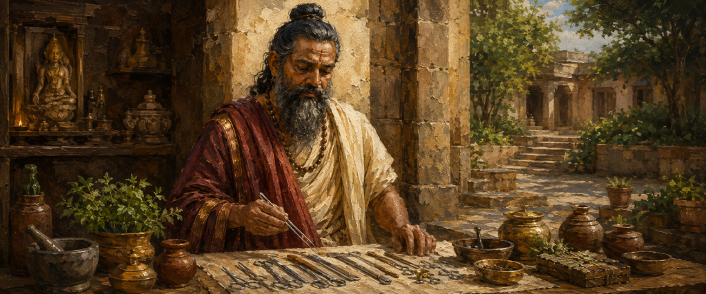 Ancient Indian healer with traditional medical instruments and herbal remedies