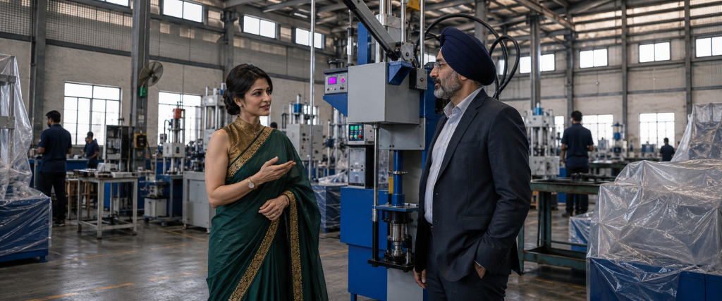 Indian businesswoman explaining hydraulic universal testing machines to a Sikh business client inside a modern physical testing machine manufacturing factory with industrial testing equipment and production machinery.