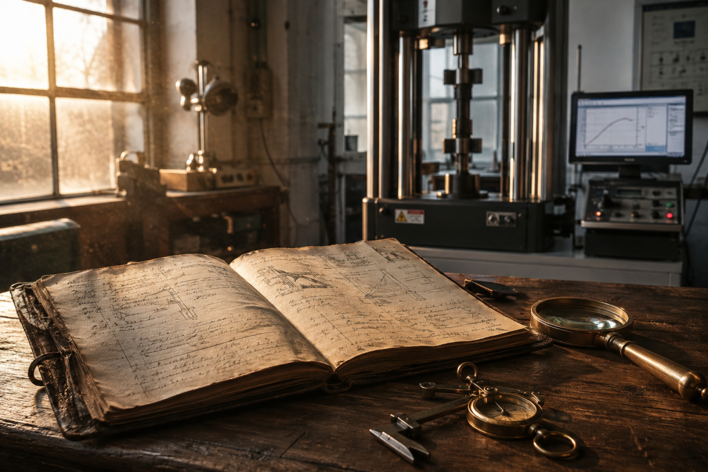materials testing laboratory engineering innovation vintage blueprints A modern materials testing laboratory featuring a universal testing machine, an open engineering notebook with vintage technical sketches, and precision measuring instruments on a wooden workbench, representing engineering innovation, research, and quality testing.