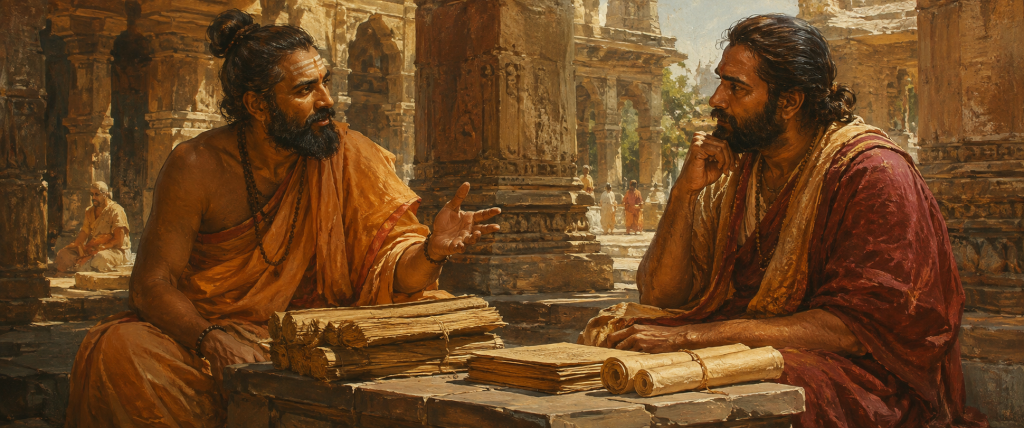 nalanda vikramashila scholars dialogue knowledge exchange Ancient Indian scholars discussing ideas at Nalanda and Vikramashila with manuscripts and scrolls, symbolizing dialogue, knowledge exchange, and scholarly learning.