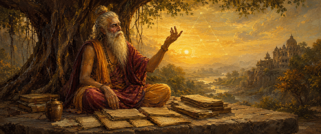 pingala mathematical patterns rhythm testwin service philosoph Ancient Indian scholar Pingala studying mathematical patterns beneath a banyan tree