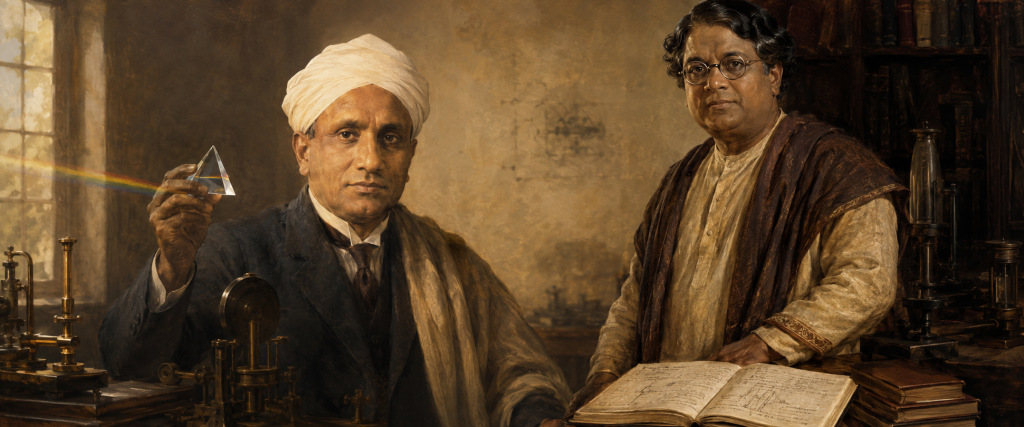 raman bose knowledge sharing indian science testwin articles Oil painting of Indian scientists C. V. Raman and S. N. Bose in a study with scientific instruments, books, and a prism dispersing light, symbolizing knowledge sharing, research, and scientific collaboration.