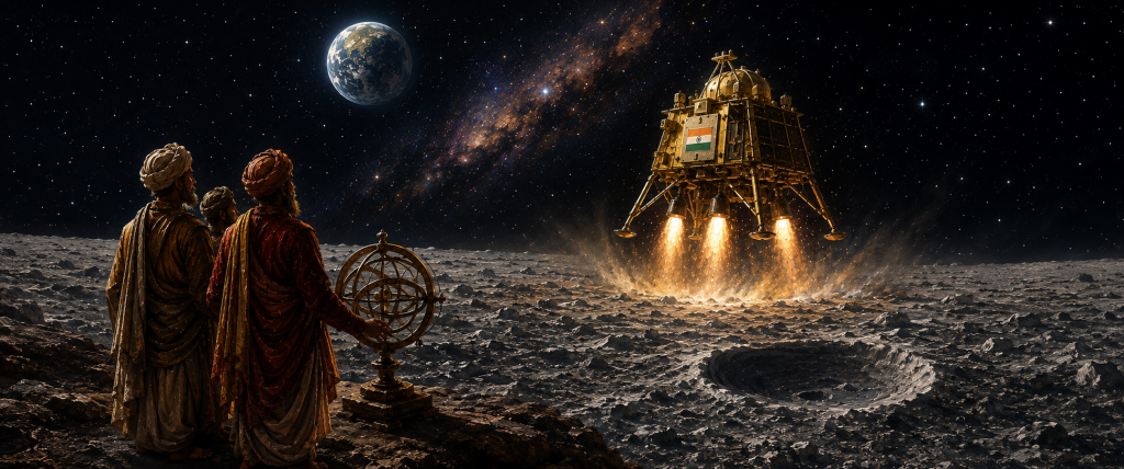 testwin inspired by indias scientific heritage isro chandrayaan ancient astronomers Ancient Indian astronomers observing the Chandrayaan lunar lander, symbolizing India's scientific heritage, astronomical knowledge, and the spirit of innovation that inspires Testwin.