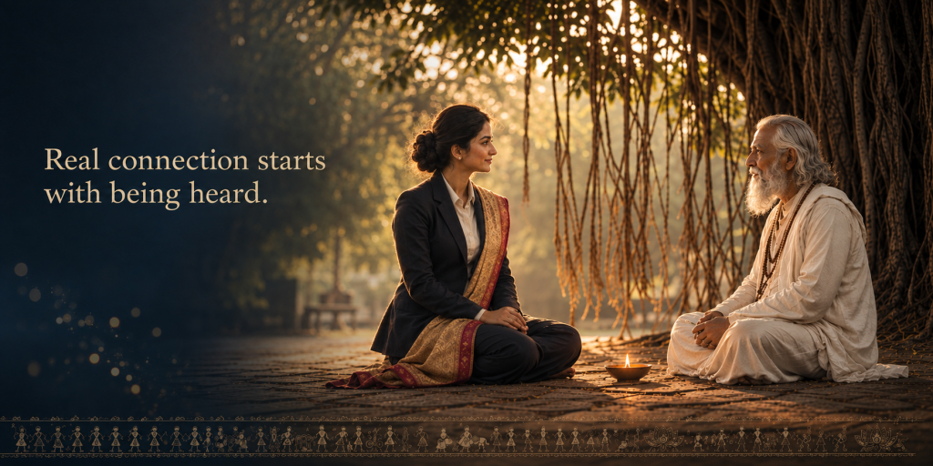 contact us banner real connection starts with being heard A businesswoman and an elderly Rishi sit face to face under a banyan tree, a lit diya between them, at golden hour.