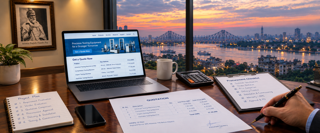 Corporate quotation workspace with testing equipment specifications on a laptop, quotation document being signed, procurement checklist, project plan, calculator and smartphone overlooking a Kolkata riverside skyline at dusk.