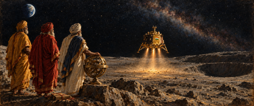 testwin heritage from ancient stars to space Ancient Indian astronomers observing the cosmos beside a modern lunar lander