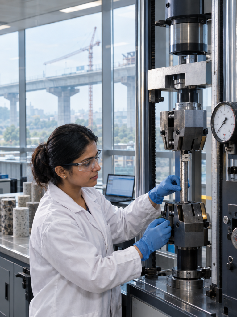 Researcher in a lab coat conducting a materials test on a universal testing machine, with a metro rail bridge construction site visible through the laboratory window.