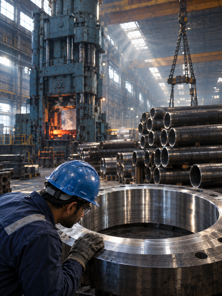 Engineer inspecting a large precision-machined forged steel ring inside a heavy industrial manufacturing facility.