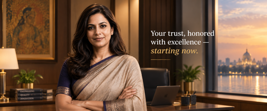 Confident Testwin support representative in an elegant office, reassuring clients their service request is being handled with expertise and care.