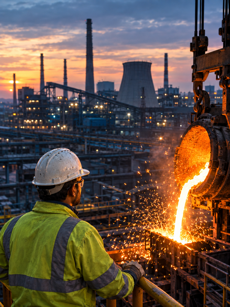 Steelworker observing molten steel being poured in a modern steel mill, representing material testing, industrial quality, and structural reliability.