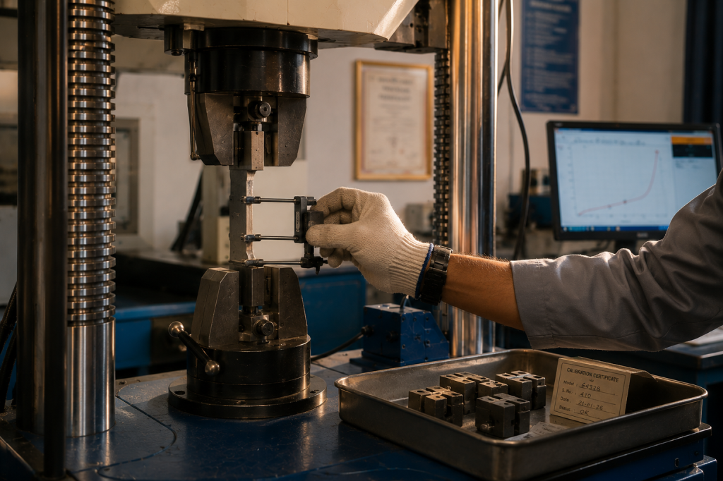 testwin utm grip fixture extensometer detail Technician adjusting wedge grip and extensometer on a specimen during universal testing machine setup