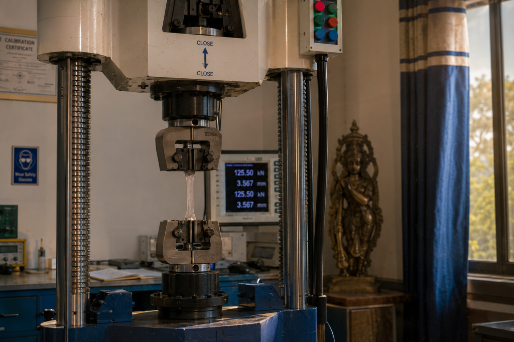 testwin utm grip load cell selection Universal testing machine grip and load cell assembly holding a metal specimen during a tensile test in a laboratory