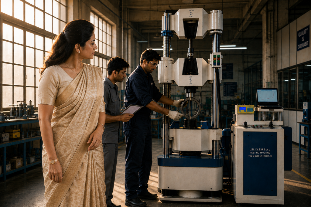 universal testing machine quality inspection Woman in a beige saree watches two technicians test a ring-shaped component on a Universal Testing Machine in a factory, with a "Quality Is Our Habit" sign in the background.