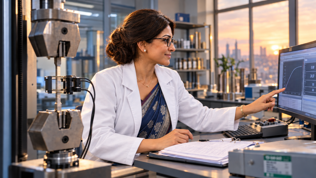 engineer analyzing tensile test stress strain curve Female engineer in a lab coat pointing at a stress-strain graph on a monitor next to a tensile testing machine with a specimen in the grips