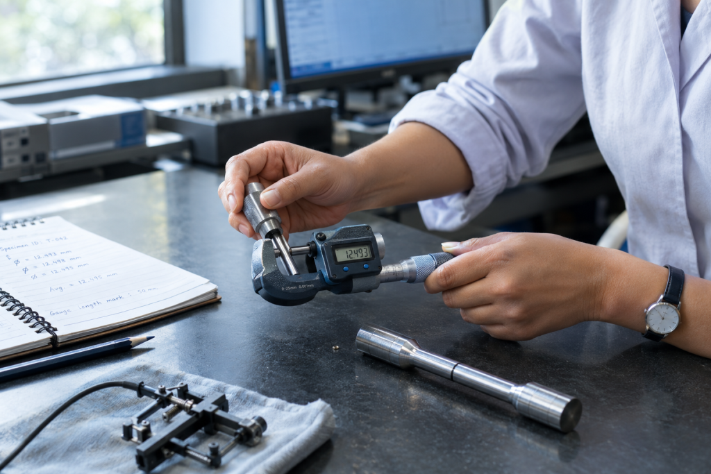 Close-up of a woman's hands measuring a steel tensile specimen with a digital micrometre, with a notebook, pencil and extensometer on the laboratory bench.