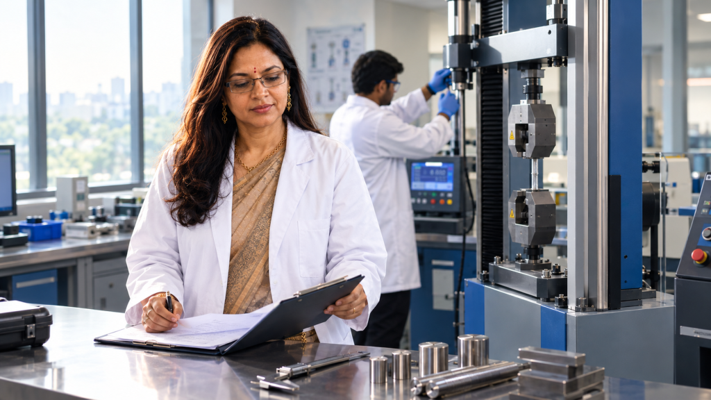 materials testing lab quality engineer reviewing test report Female engineer in a lab coat reviewing a report on a clipboard while a technician operates a tensile testing machine in a modern materials testing laboratory