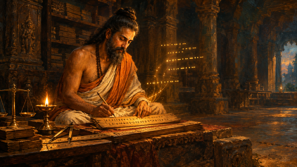 pingala oil painting testwin service precision Oil painting of Pingala writing on a palm-leaf manuscript by lamplight, with glowing dots and dashes, a brass scale, and dividers beside him