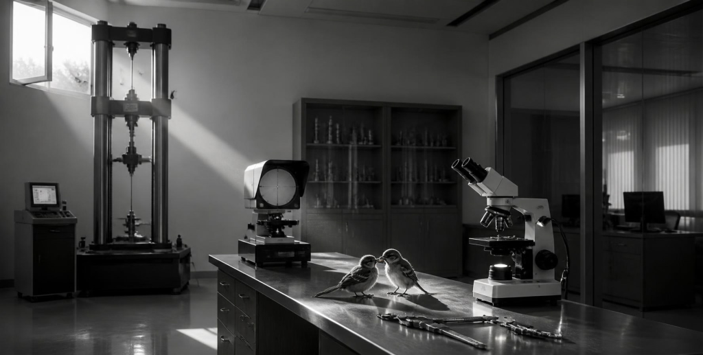 Black and white photograph of two sparrows standing close together on a laboratory table next to a microscope, with precision testing machinery in the background under soft window light.