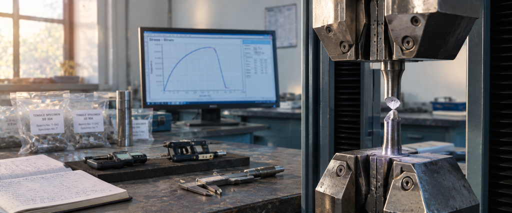 Fractured steel tensile specimen between the grips of a universal testing machine, with a stress-strain curve on the monitor and a micrometer, calliper, extensometer and notebook on the bench.