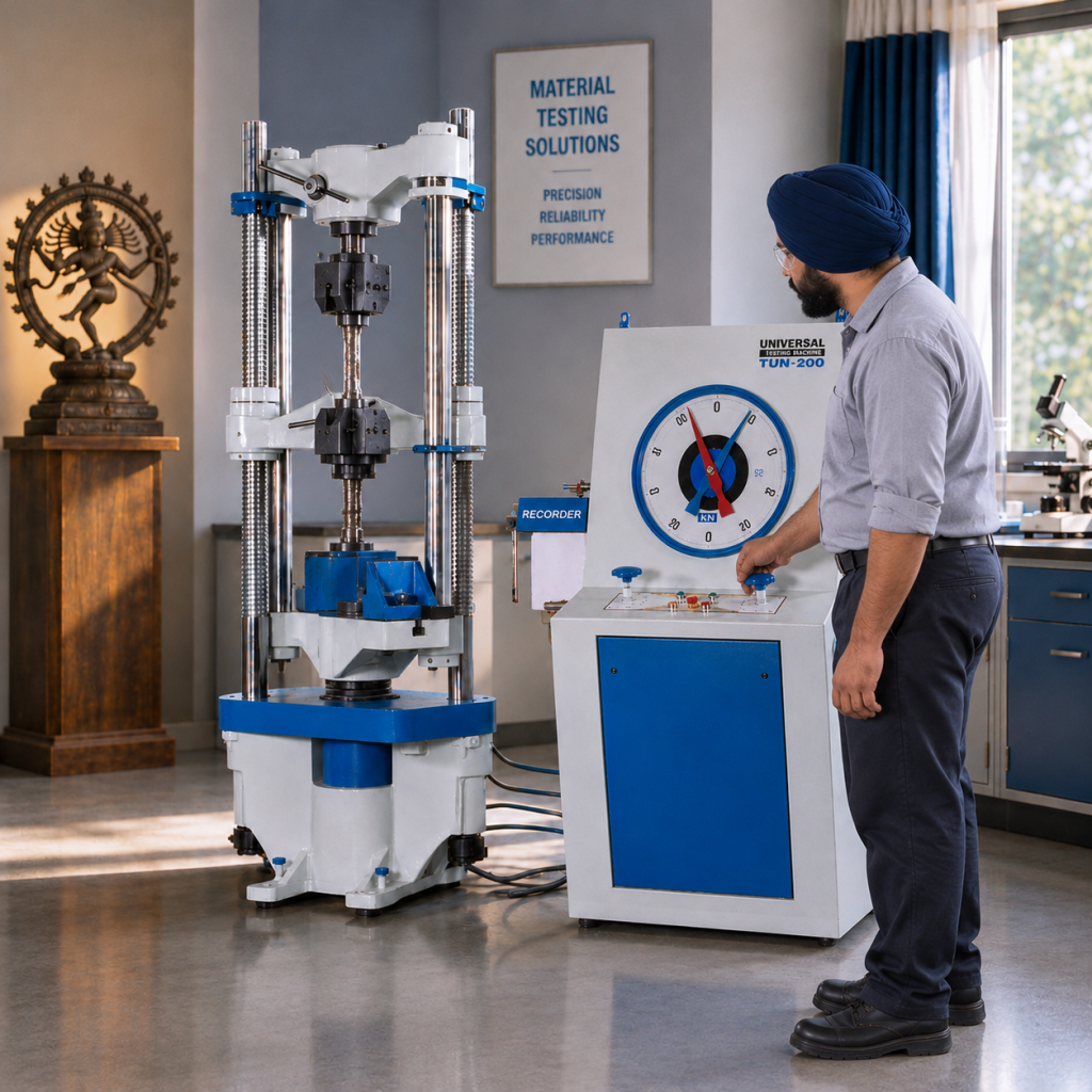Industrial operator using an analogue Universal Testing Machine with a dial load indicator in a materials testing laboratory.