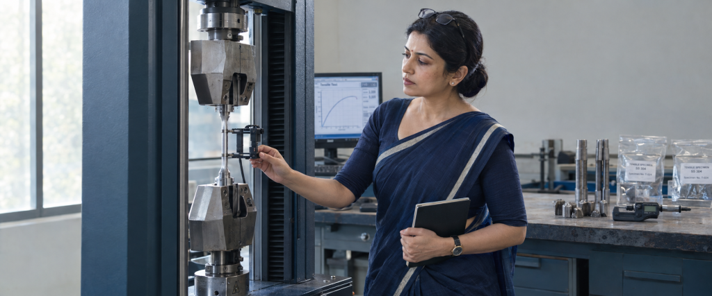A woman engineer in an indigo saree adjusting an extensometer on a steel specimen in a universal testing machine, with a stress-strain curve on the monitor and a micrometre on the bench.